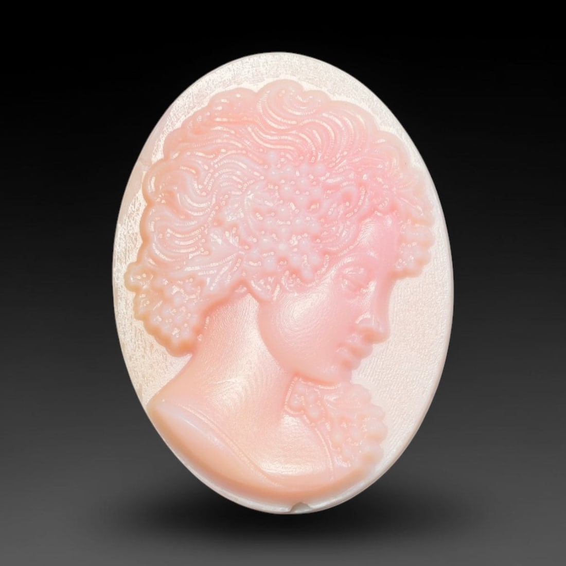 Natural Pink Queen Conch Shell Grape Floral Lady Portrait Relief Carved Intaglio Bead, 92BP: Expertly carved natural pink Queen Conch shell intaglio bead featuring fine relief carving of a classical lady profile portrait, with abundant grape clusters woven within her elaborate curly hair. The