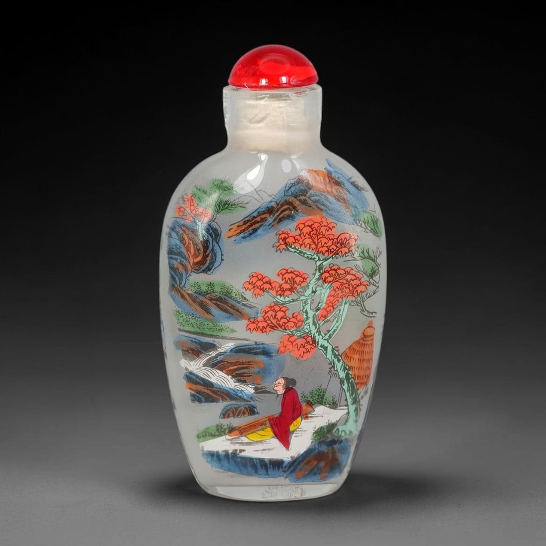 A Chinese Inside Painted Glass Snuff Bottle, Landscape with Figures, 37BY: The translucent frosted-white glass snuff bottle has a classic elongated ovoid form with a flat base, decorated on both sides with fine interior landscape painting. One side depicts a robed scholar se