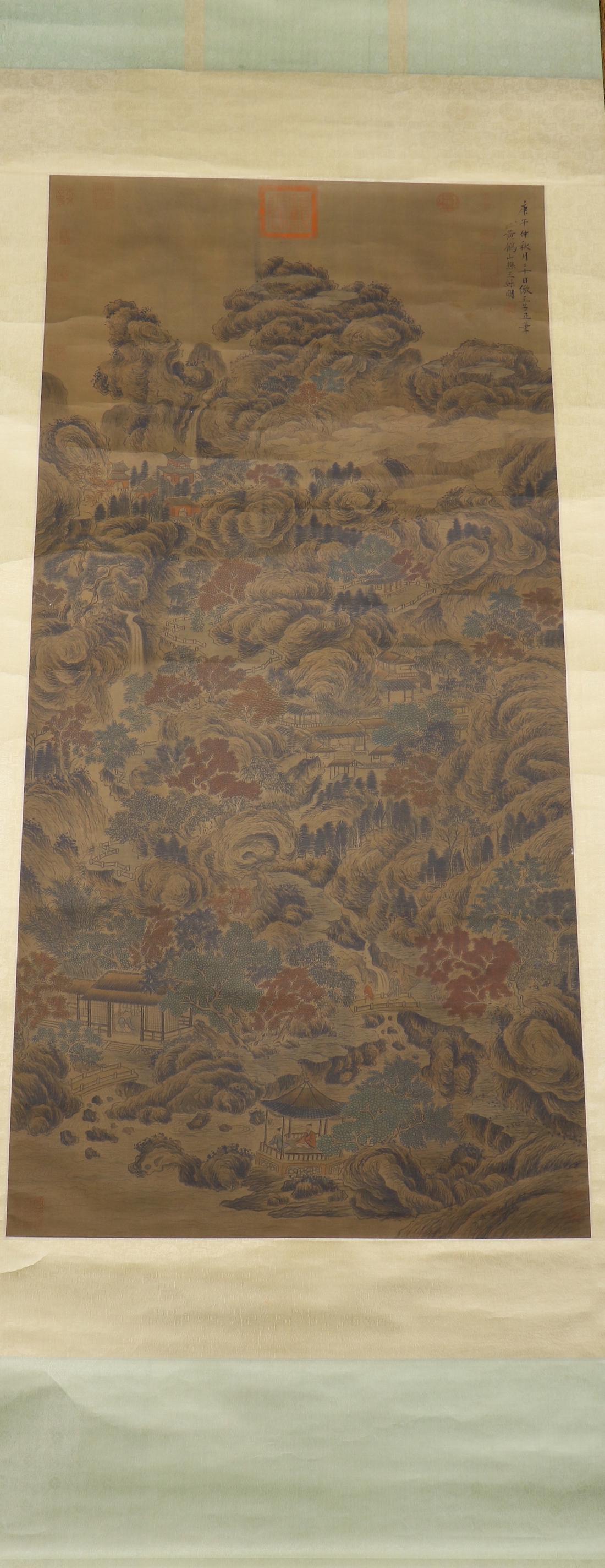 A CHINESE PAINTING SCROLL,ATTRIBUTED TO WANG MENG: A CHINESE LANDSCAPE PAINTING SCROLL,ATTRIBUTED TO WANG MENG Dimension: (total)W82cm, H240cm, Currency Price in USD
