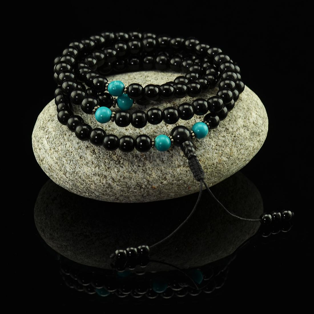 8 mm Black Onyx 108 Beads Mala / Turquoise Partition (1 of 1)