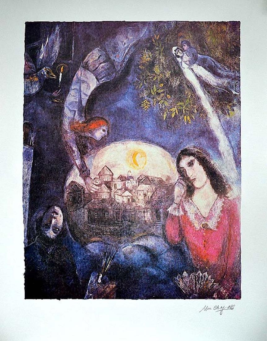 MARC CHAGALL "MEMORY OF OLD VILLAGE" LITHOGRAPH: MARC CHAGALL "MEMORY OF OLD VILLAGE" LITHOGRAPH. FACSIMILE SIGNATURE. MEASURES AT 24 X 30