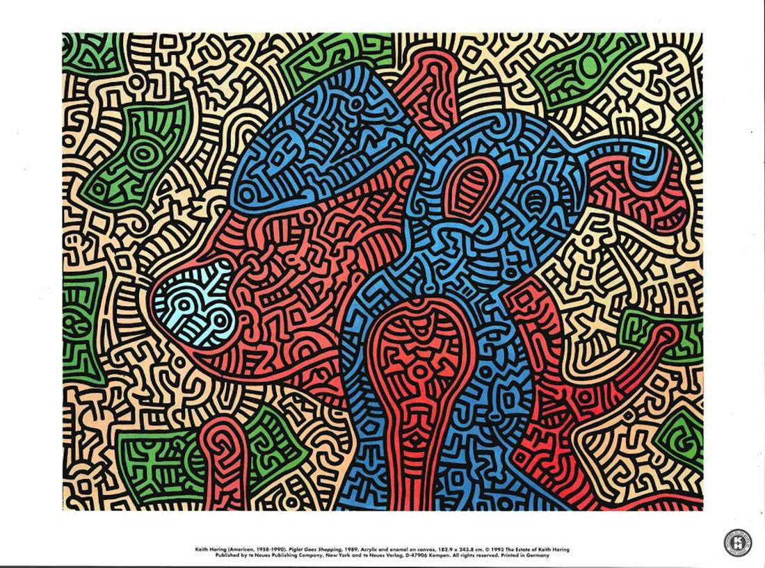 Keith Haring Printbook Poster - "Piglet Goes Shopping,: Keith Haring Printbook Poster - "Piglet Goes Shopping, 1989". This image was part of the Keith Haring Printbook (1993). These items were acquired from a collector few years ago, and we are now selling