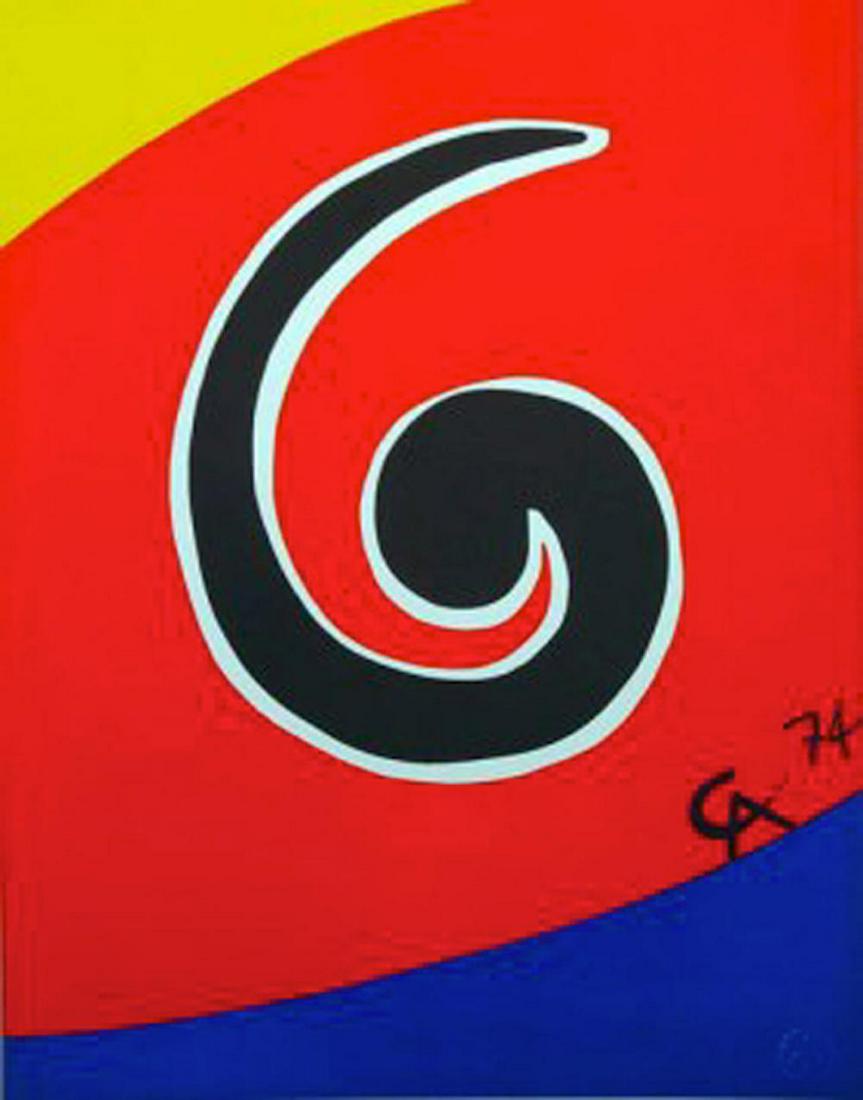 ALEXANDER CALDER - SKY ARROW: ALEXANDER CALDER - SKY ARROW. ONE FROM A SERIES OF SIX LITHOGRAPHS [others will followed] COMMISSIONED BY AIR BRANIFF IN 1975, PAINTED ON A BRANIFF, D.C8-62 JET, IT'S SIGNED C, A 74 IN THE PLATE[NOT H