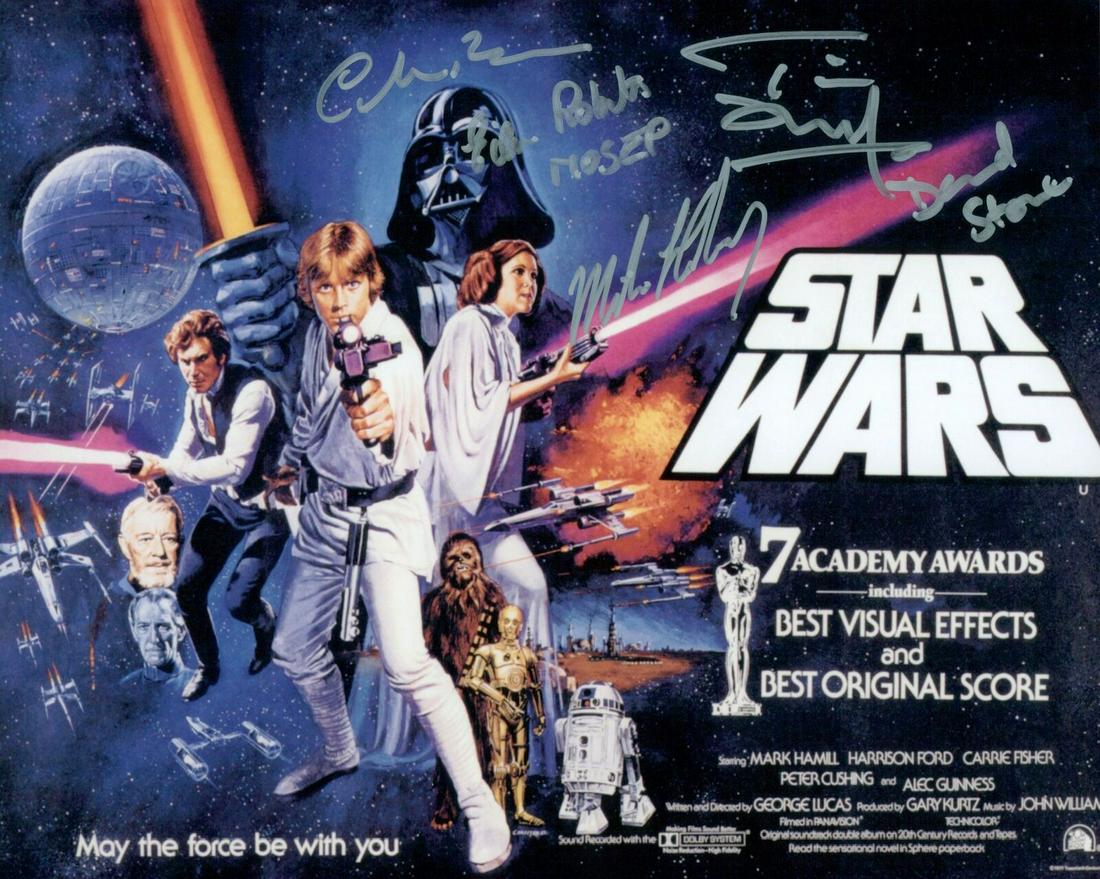Star Wars Signed 8 x 10 Lobby Card w/COA: Star Wars Signed 8 x 10 Photograph w/COA. A signed Color lobby card reproduction from 'Star Wars', jointly signed In Person by Michael Henbury, David Stone, Chris Bunn, Tim Dry and Eileen Roberts.