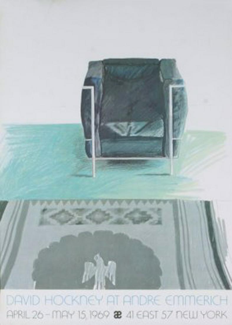 HOCKNEY CORBUSIER CHAIR AND RUG: DAVID HOCKVY CORBUSIER CHAIR AND RUG AT ANDRE EMERICH APRIL26- MAY 15 1969 SIZE 28 X 20. NEAR MINT CONDITION