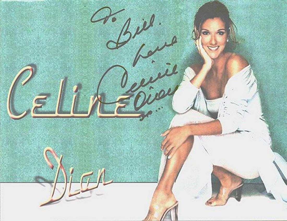 CELINE DION 11 X 8.5 SIGNED COLOR KODAK PHOTOGRAPH: CELINE DION 11 X 8.5 SIGNED COLOR KODAK PHOTOGRAPH. SIGNED BY HER IN BLACK FELT TIP INK, "TO BILL LOVE, CELINE DION." CERTIFICATE OF AUTHENTICITY PROVIDED BY TODD MUELLER AUTOGRAPHS