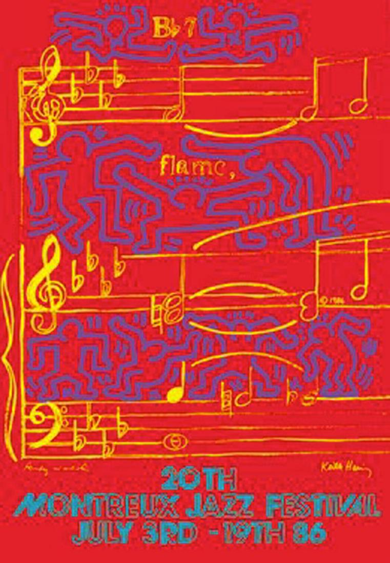 "7TH MONTREUX- DETROIT JAZZ FESTIVAL: WARHOL.HARING "7TH MONTREUX- DETROIT JAZZ FESTIVAL AUG. 27TH-SEPT. IST 1986." SIGNED ON THE SCREEN BY ANDY WARHOL ON THE THIS OVER SIZE JAZZ POSTER IS THE WORK OF ANDY WARHOL AND KEITH HARING. JOINED 
