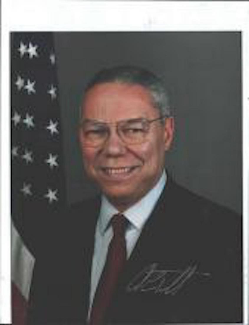 COLIN POWELL - 8 X 10 SIGNED PHOTOGRAPH W/COA.: COLIN POWELL - 8 X 10 SIGNED PHOTOGRAPH W/COA. A COLOR SATIN FINISH PHOTOGRAPH SIGNED BY COLIN POWELL. SIGNED WITH A SILVER PAINT PEN. COMES WITH COA GUARANTEED BY TODD MUELLER AUTOGRAPHS. EXCELLENT C