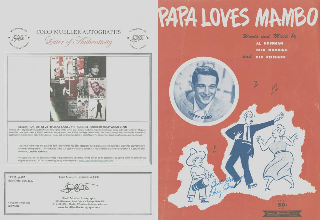 Perry Como - Signed 9 x 12 Vintage Music Sheet w/COA: Perry Como - Signed 9 x 12 Vintage Music Sheet w/COA. From an old collector. Great condition. Comes with COA