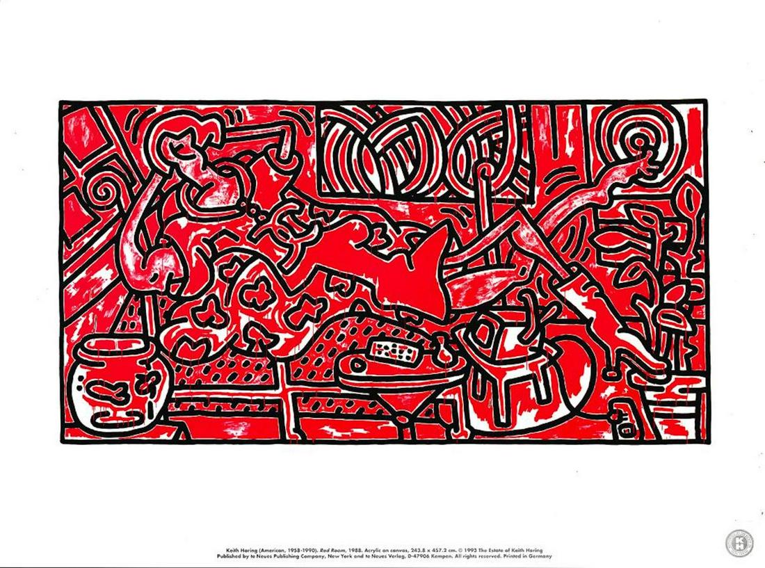 Keith Haring Printbook Poster - "Red Room, 1988": Keith Haring Printbook Poster - "Red Room, 1988". This image was part of the Keith Haring Printbook (1993). These items were acquired from a collector few years ago, and we are now selling them to the
