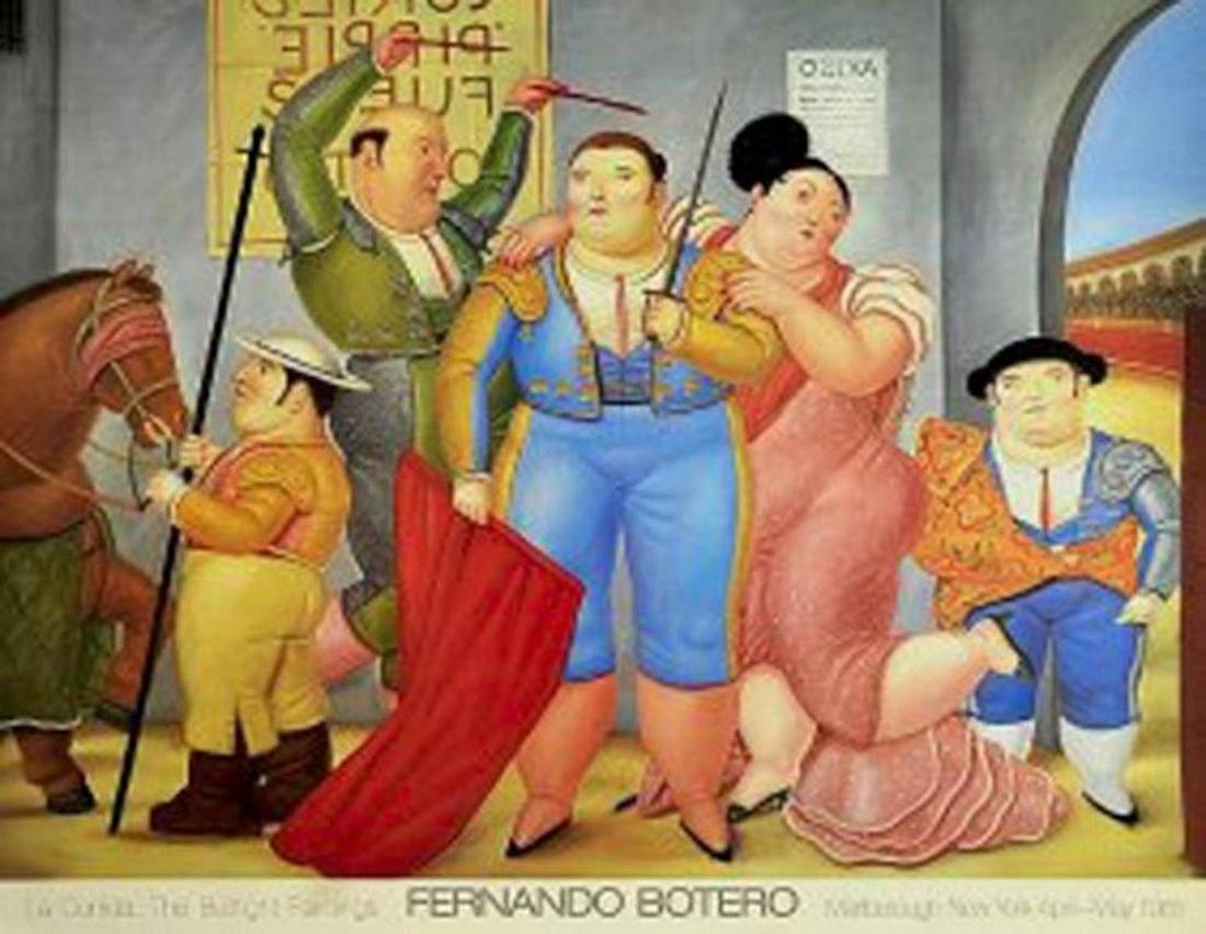Fernando Botero (Colombian, b.1932), "La Corrida," 1985: Fernando Botero (Colombian, b.1932), "La Corrida," Marlborough Gallery, New York, 1985 Botero paintings exhibition poster Litho-offset offset original vintage 1985, Sheet: 28 x 36 innches. Image: 26 1