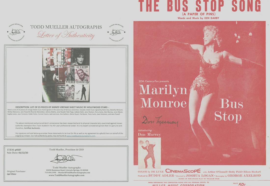 Marilyn Monroe - Signed 9 x 12 Vintage Music Sheet: Marilyn Monroe - Signed 9 x 12 Vintage Music Sheet w/COA (Signed by Don Murray). From an old collector. THIS MUSIC SHEET WAS SIGNED BY DON MURRAY NOT MARILYN MONROE. Great condition. Comes w/COA