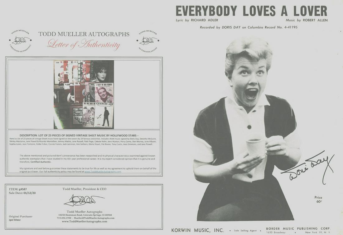 Doris Day - Signed 9 x 12 Vintage Music Sheet w/COA: Doris Day - Signed 9 x 12 Vintage Music Sheet w/COA. From an old collector. Great condition. Comes w/ COA
