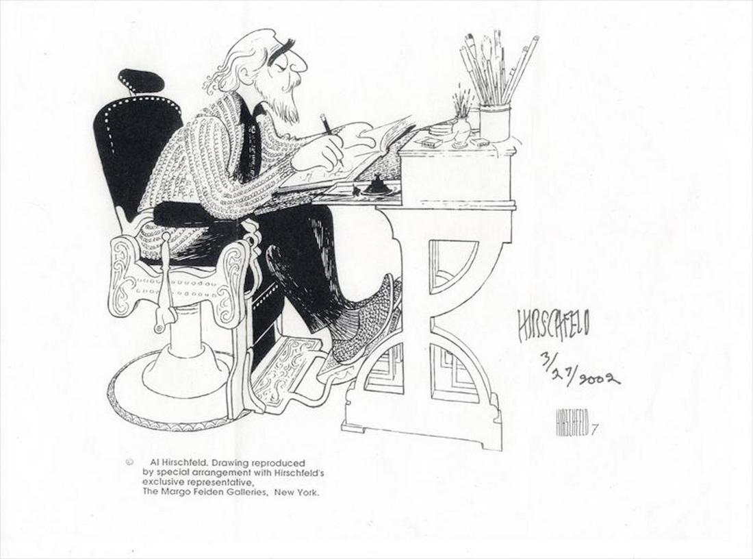 Al Hirschfeld- Signed 8 x 11.5 print of himself w/COA: Al Hirschfeld- Signed 8.5 x 11 print of himself w/COA. A thin stock print of Al Hirschfeld drawing signed in black felt tip ink by him in 2002. In very good condition.