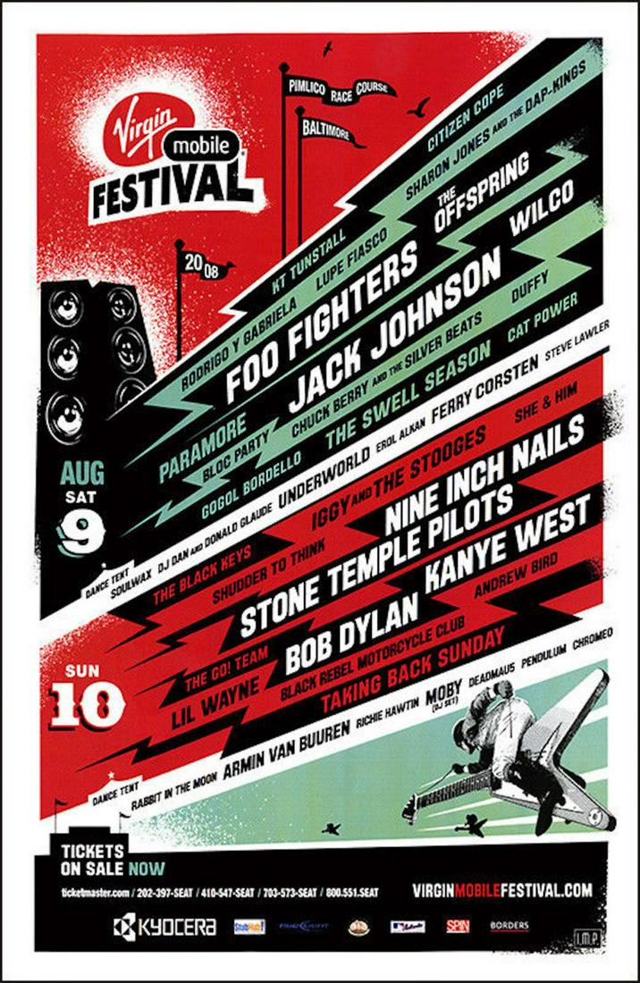 STONE TEMPLE PILOTS FOO FIGHTERS DYLAN NINE INCH NAILS: STONE TEMPLE PILOTS FOO FIGHTERS DYLAN NINE INCH NAILS 08 Original Concert Poster. This is the original concert poster that promoted the 2008 Virgin Mobile Festival in Baltimore. What a great lineup w