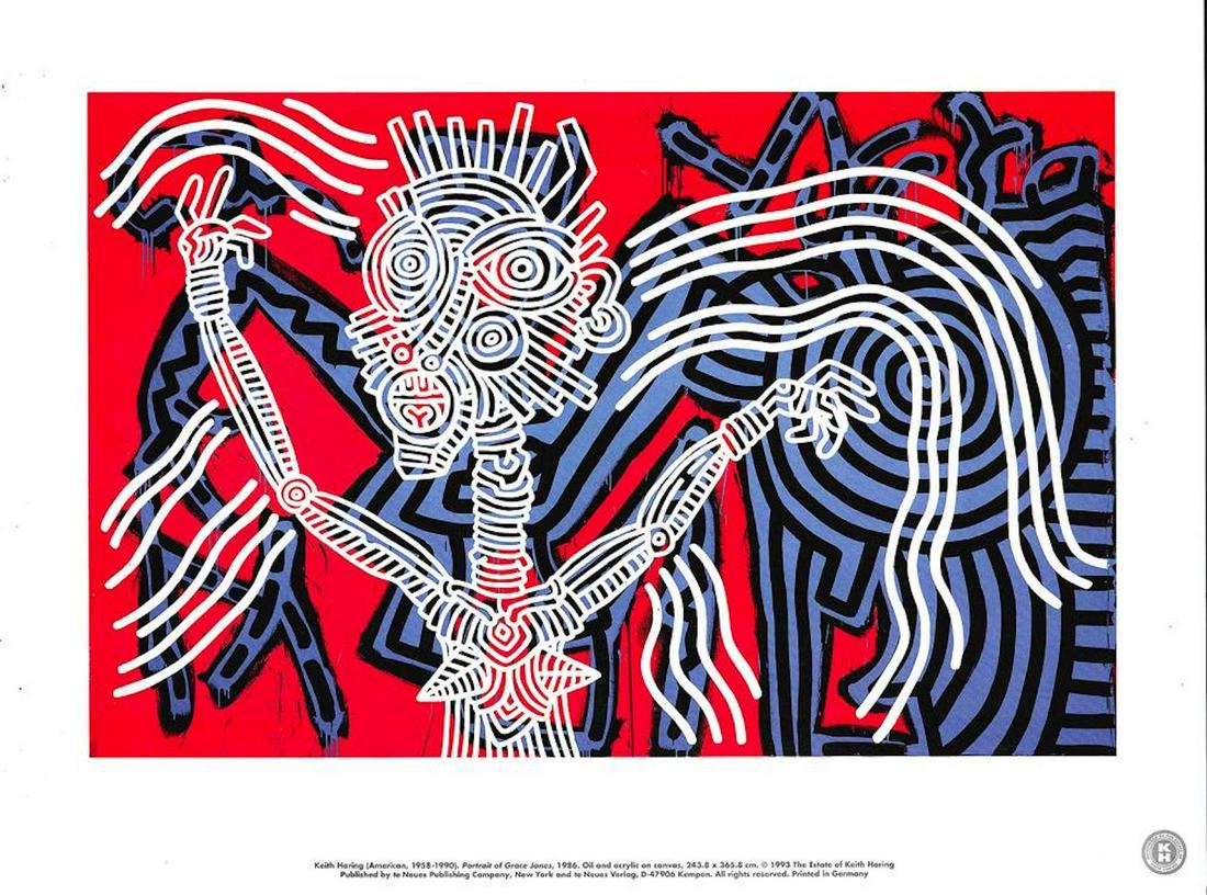 Keith Haring Printbook Poster - "Portrait of Grace: Keith Haring Printbook Poster - "Portrait of Grace Jones, 1986". This image was part of the Keith Haring Printbook (1993). These items were acquired from a collector few years ago, and we are now sell
