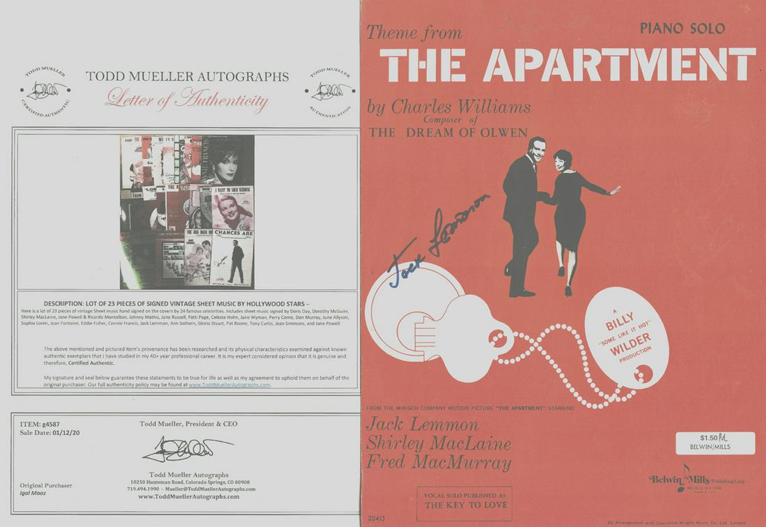 Jack Lemmon - Signed 9 x 12 Vintage Music Sheet w/COA: Jack Lemmon - Signed 9 x 12 Vintage Music Sheet w/COA. From an old collector. Great condition. Comes w/COA