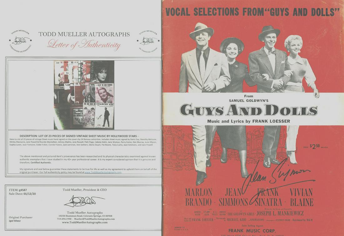 Jean Simmons - Signed Vocal Selection from "Guys And: Jean Simmons - Signed Vocal Selection from "Guys And Dolls" w/ COA. This is a vocal selection of "Guys And Dolls." It is signed by Jean Simmons. It comes complete with 8 original vocal selections: Ade