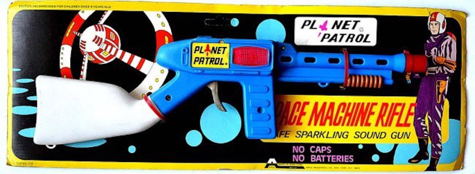 PLANET PATROL SPACE MACHINE RIFLE: PLANET PATROL SPACE MACHINE RIFLE. SAFE SPARKLING SOUND GUN. NO CAPS, NO BATTERIES. MEASURES AT 16"