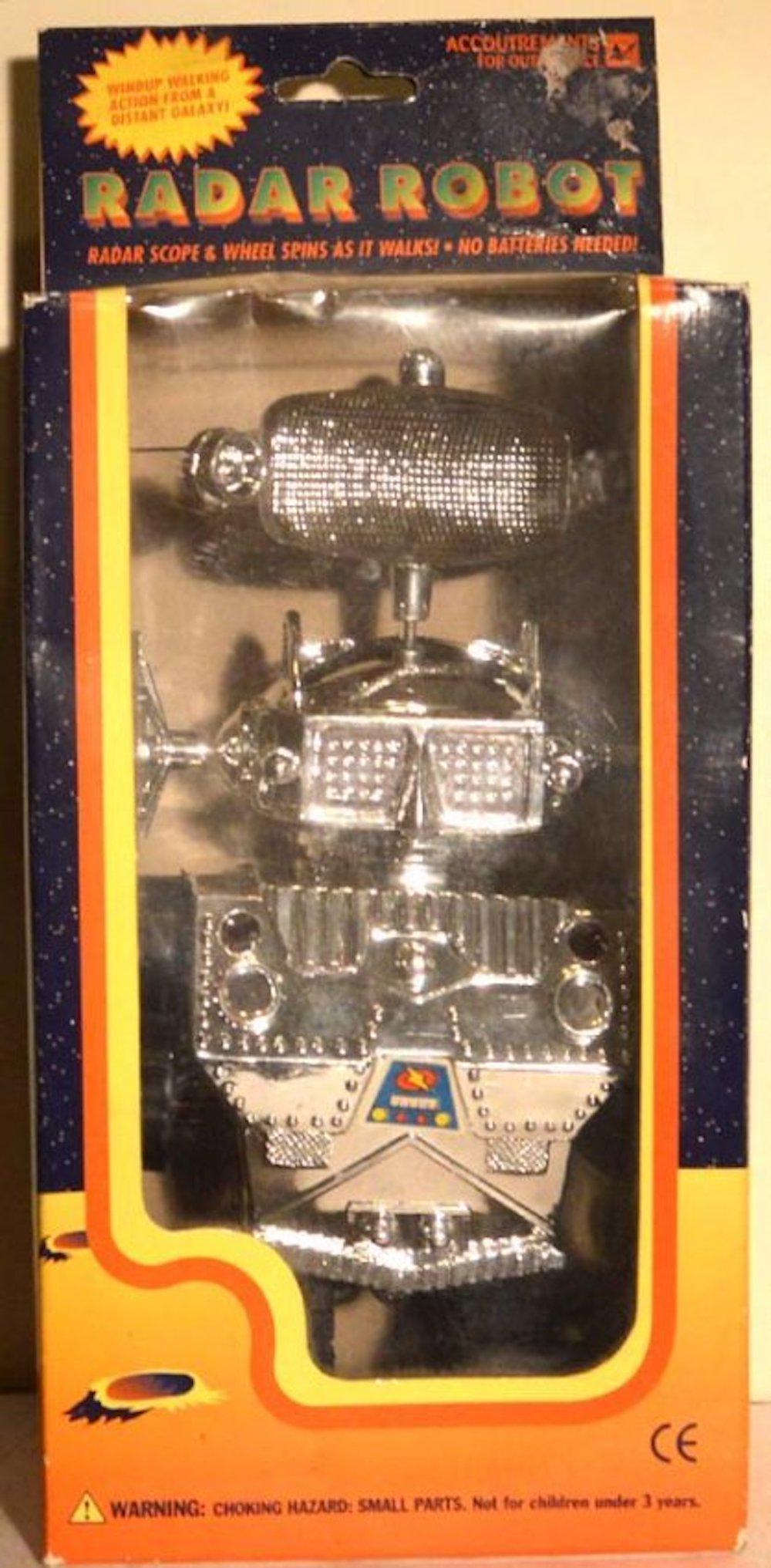 WIND UP ACTION WALKING RADAR ROBOT: WIND UP ACTION WALKING RADAR ROBOT.NO BATTERIES REQUIRED TO OPERATE ROBOT. RADAR SCOPE AND WHEEL SPINS AT IT WALKS.FIGURE MEASURES AT 7.5"MINT IN BOX. COMPLETE AND INTACT.