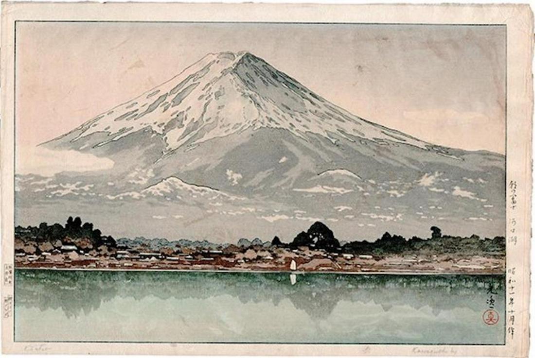 TSUCHIYA KOITSU "MORNING, FUJI FROM LAKE KAWAGUCHI": TSUCHIYA KOITSU (1870-1949) "MORNING, FUJI FROM LAKE KAWAGUCHI", 17" x 11", DATE; CIRCA 1936, POSSIBLY PRINTED LATER BUT LIFE-TIME EDITION. PUBLISHER: DOI. OBAN. JAODB #27724, FINE CONDITION