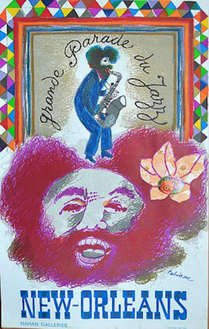 TOBIASSE JAZZ NEW ORLEANS NAND SIGNED: TOBIASSE JAZZ NEW ORLEANS HAND SIGNED "GRAND PARADE DU JAZZ NEW ORLEANS" NAHAN GALLERIES NOTE; THIS IS AN ORIGINAL LITHOGRAPH WITH COLLAGE [THE FLOWER ON THE RIGHT CENTER ,SEE SECOND PHOTO] HAND SIGNE