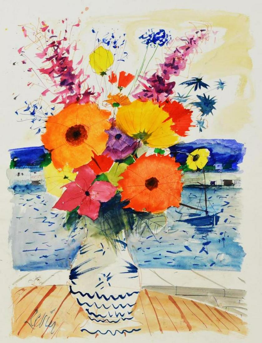 Charles Levier (1920 - 2003) - Signed watercolor and: Charles Levier (1920 - 2003) watercolor and ink rendering of flowers. sheet size: 27.5" x 20.5" Signed lower left