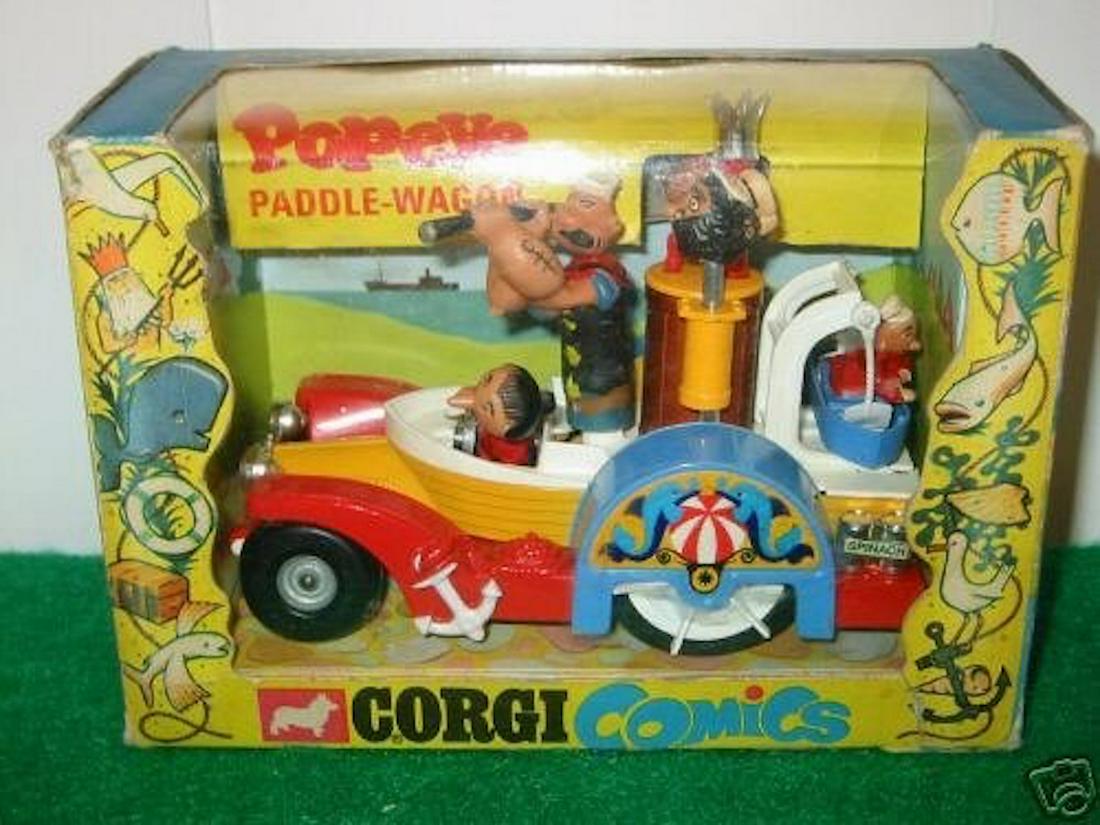 CORGI POPEYE PADDLE-WAGON. NUMBER 802: CORGI POPEYE PADDLE-WAGON. NUMBER 802METAL DIE-CAST MODEL WITH MOVING FIGURES: POPEYE, OLIVE OYL & SWEET PEAS.OPERATING DAVITS AND LIFEBOAT. WORKING PISTONS. PNEUMATIC TYRES.COMPLETE AND INTACT