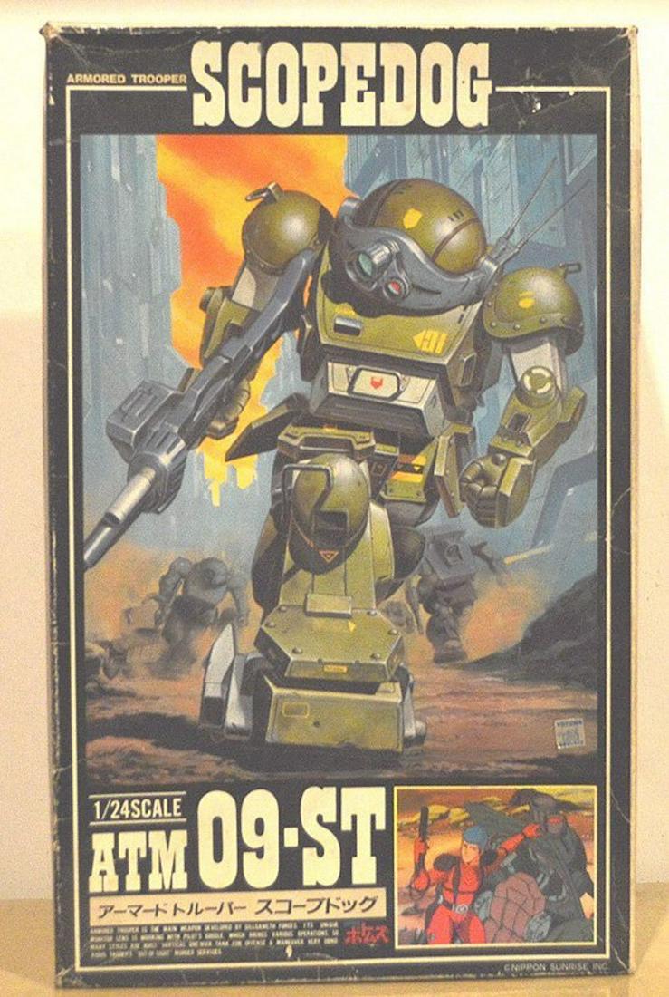 SCOPE DOG ARMORED TROOPER. NO. ATM 09-ST: SCOPE DOG ARMORED TROOPER. NO. ATM 09-ST. ITEM HAS A SCALE OF 1/24. COMPLETE AND INTACT. MINT IN BOX. BOX MEASURES AT 13X8X3