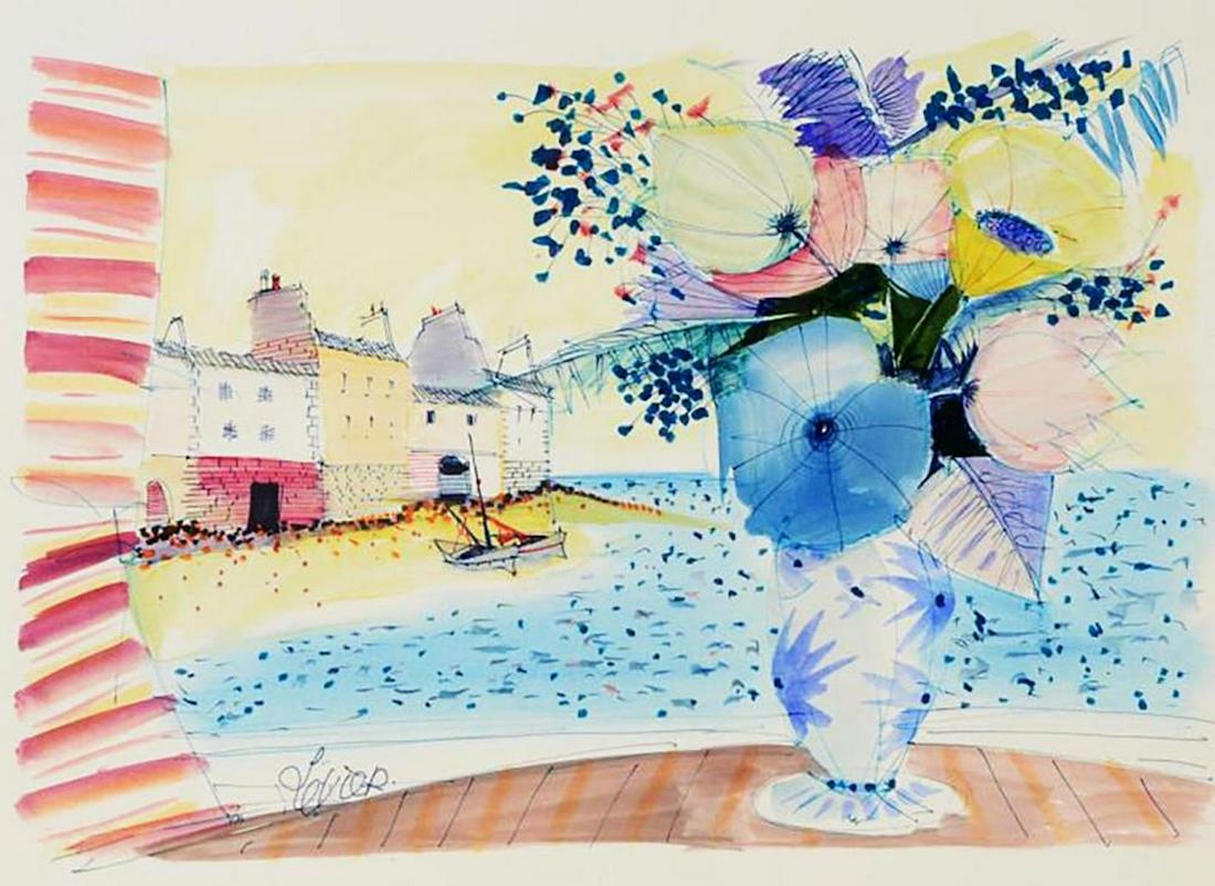 Charles Levier (1920 - 2003) - Signed watercolor and: Charles Levier (1920 - 2003) watercolor and ink rendering of flowers with boats in the distance. sheet size: 27.5" x 20.5" Signed lower left