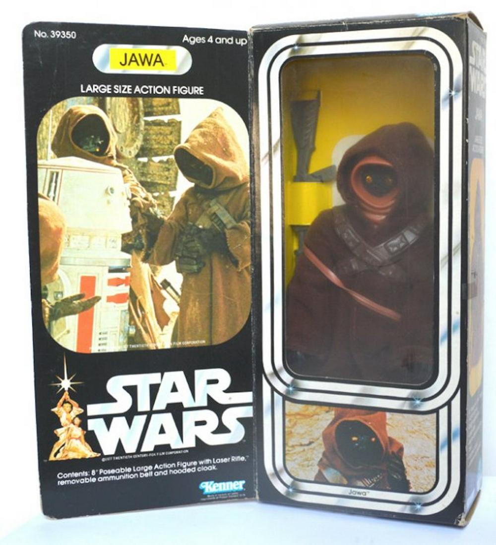 STAR WARS JAWA LARGE SIZE ACTION FIGURE (MIB): STAR WARS JAWA LARGE SIZE ACTION FIGURE. THIS IS AN 8" POSEABLE LARGE ACTION FIGURE WITH LASER RIFLE, REMOVABLE AMMUNITION BELT AND HOODED CLOAK.THIS ITEM IS COMPLETE AND INTACT. THE BOX SHOWS SOME WE