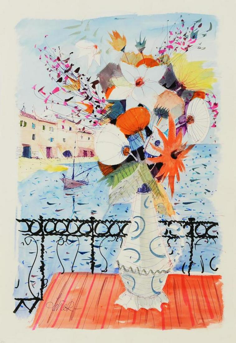 Charles Levier (1920 - 2003) - Signed watercolor and: Charles Levier (1920 - 2003) watercolor and ink rendering of flowers on a balcony. sheet size: 26.5" x 18" Signed lower left