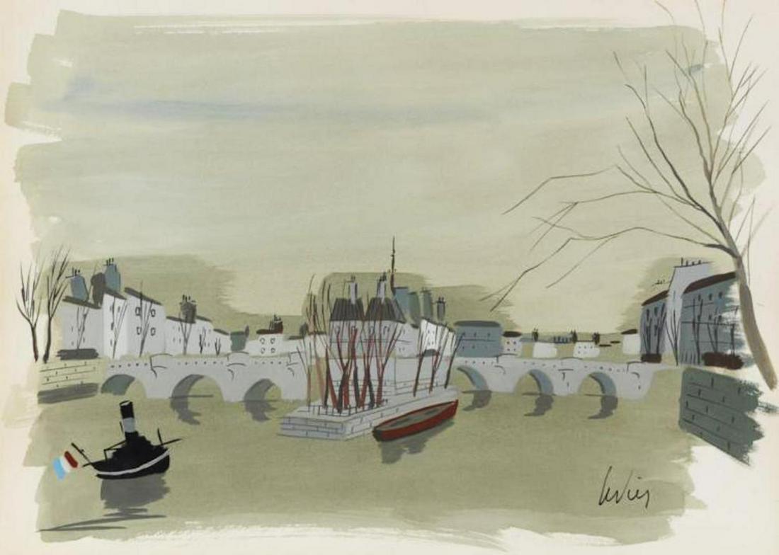 Charles Levier (1920 - 2003) - Signed watercolor and: Charles Levier (1920 - 2003) watercolor and ink rendering of a bridge and boats, likely Paris. Signed lower right. sheet size: 30" x 22" Signed lower left.