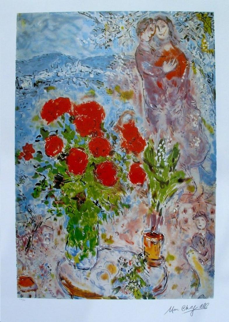 MARC CHAGALL "LOVERS AND FLOWERS" LITHOGRAPH: MARC CHAGALL "LOVERS" LITHOGRAPH. FACSIMILE SIGNATURE. MEASURES AT 32 X 24