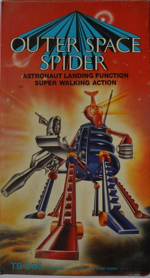 VINTAGE OUTER SPACE SPIDER ASTRONAUT LANDING ROBOT #2: VINTAGE OUTER SPACE SPIDER ASTRONAUT LANDING FUNCTION SUPER WALKING ACTION. IT STANDS 11" TALL TESTED WORKING WALKING AND A FEATURE THAT LOWERS A RAMP OFF ITS CHEST REVIL AN ASTRONAUT RARE. THIS ITEM 