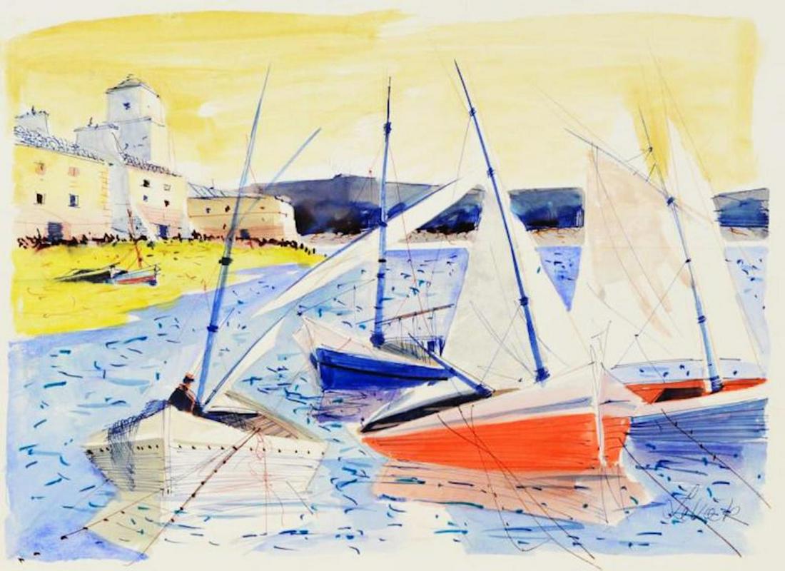 Charles Levier (1920 - 2003) - Signed watercolor and: Charles Levier (1920 - 2003) watercolor and ink SEA SCAPE rendering of boats. Signed lower right. sheet size: 26 x 21"