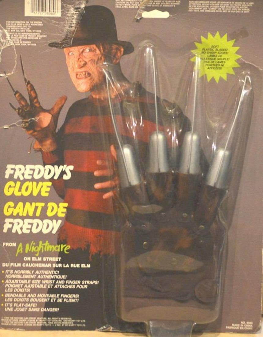 FREDDY'S GLOVE FROM "A NIGHTMARE ON ELM STREET": FREDDY'S GLOVE FROM "A NIGHTMARE ON ELM STREET". THIS GLOVE FEATURES: ADJUSTABLE SIZE WRIST AND FINGER STRAPS, BENDABLE AND MOVEABLE FINGERS, AND IT'S PLAY-SAFE. THE BLADES ARE MADE OF SOFT PLASTICE.