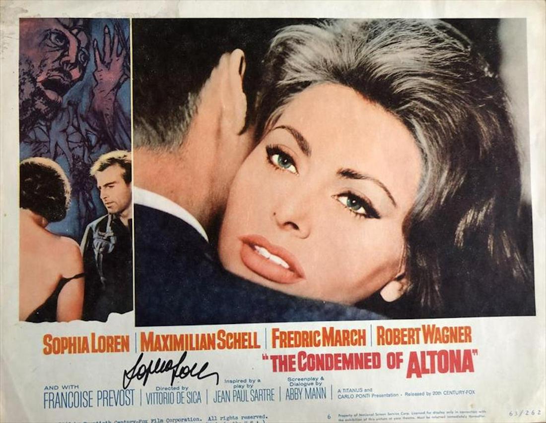 Sophia Loren- 14 X 11 Vintage Lobby Card signed w/COA: Sophia Loren- 14 X 11 Vintage Lobby Card signed w/COA. A Color Vintage lobby card from, "The Condemned of Altona," signed in black felt tip ink nicely by Sophia Loren. Some light corner wear, otherwis
