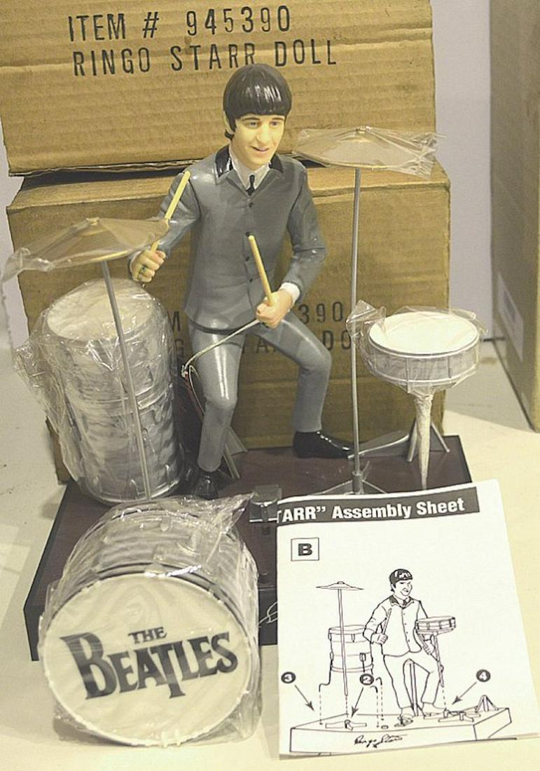 VERY RARE BEATLES RINGO STARR DOLL AND DRUM SET: VERY RARE BEATLES RINGO STARR DOLL AND DRUM SET. ITEM NO. 945390.CONTENTS INCLUDES: RINGO STARR FIGURE, TWO CYMBALS, 3 DIFFERENT DRUMS, CATALOG INSTRUCTIONS. CAME AS A MAIL ORDER IN BROWN BOX. 1991 AP