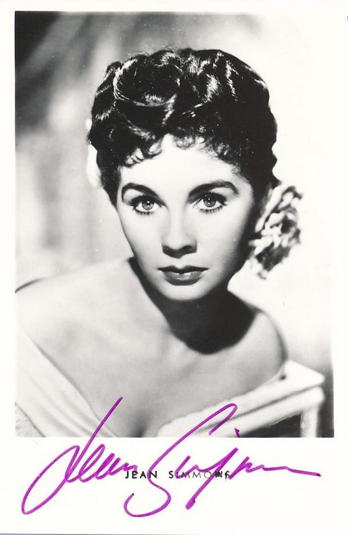 Jean Simmons- 3.5 x 5.5 Signed Picture Postcard w/COA: Jean Simmons- 3.5 x 5.5 Signed Picture Postcard w/COA. Black and white picture postcard signed in purple felt tip ink by Jean Simmons. In very good condition.