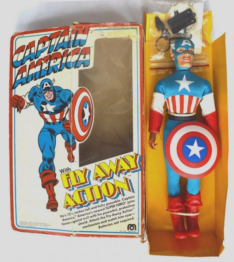 CAPTAIN AMERICA WITH "FLY AWAY ACTION" FIGURE: CAPTAIN AMERICA WITH "FLY AWAY ACTION" FIGURE. COMPLETE AND INTACT. MINT IN BOX. MEASURES AT 12".