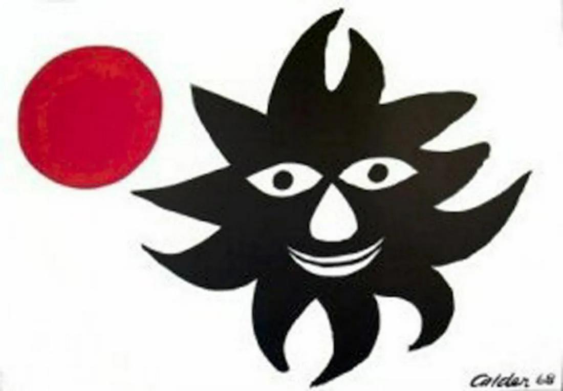 ALEXANDER CALDER - "RED MOON AND BLACK SUN" ORIGINAL: ALEXANDER CALDER - "RED MOON AND BLACK SUN" ORIGINAL LITHO. 1968. SIGNED AND DATED IN THE PLATE. 24 X 35 INCHES. VERY GOOD CONDITION