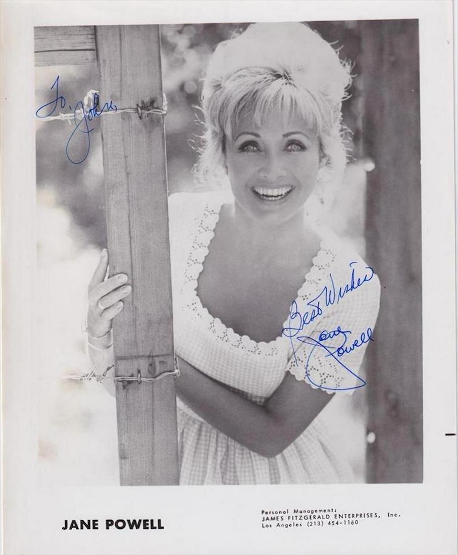 Jane Powell - Signed 8 x 10 Photograph w/COA: Jane Powell - Signed 8 x 10 Photograph w/COA. A black and white glossy photograph signed in blue felt tip ink by Jane Powell. Some bending in the top of the photograph, and creasing in the corners, bu