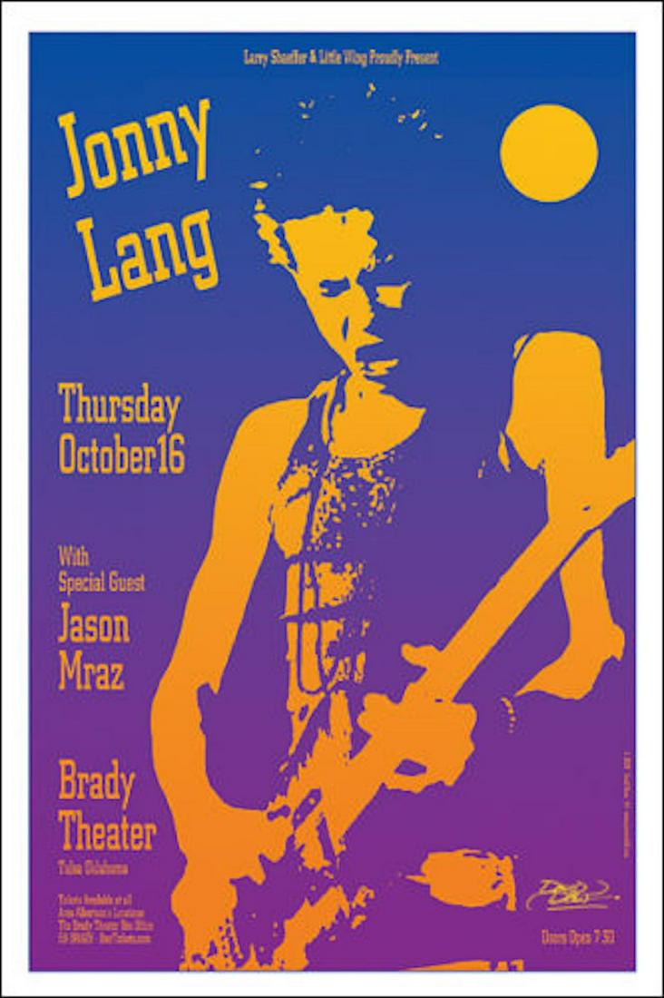 JONNY LANG JASON MRAZ Original Concert Poster Signed: JONNY LANG JASON MRAZ Original Concert Poster Signed. This poster is for Jonny Lang's show at the Brady Theater inTulsa OK, with Jason Mraz opening. Signed in metallic ink by the artist David Dean (Po