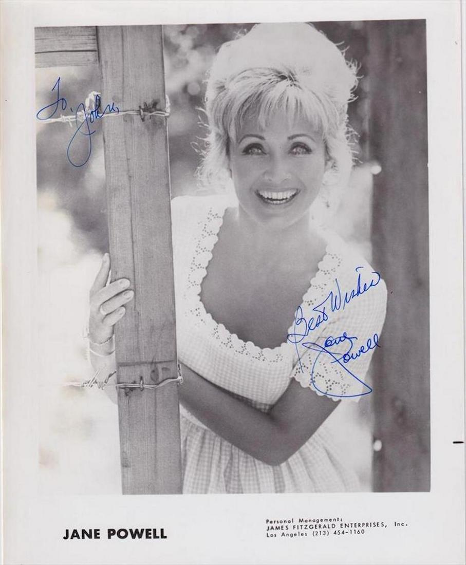 Jane Powell - Signed 8 x 10 Photograph w/COA: Jane Powell - Signed 8 x 10 Photograph w/COA. A black and white glossy photograph signed in blue felt tip ink by Jane Powell. Some bending in the top of the photograph, and creasing in the corners, bu