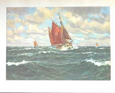 FISHING BOATS: FISHING BOATS , WILHIM JONTZEN, PRINTED IN GERMANY AND DISTRIBUTED BY CATALDA F.A. NYC, MEASURES AT 29 X 23