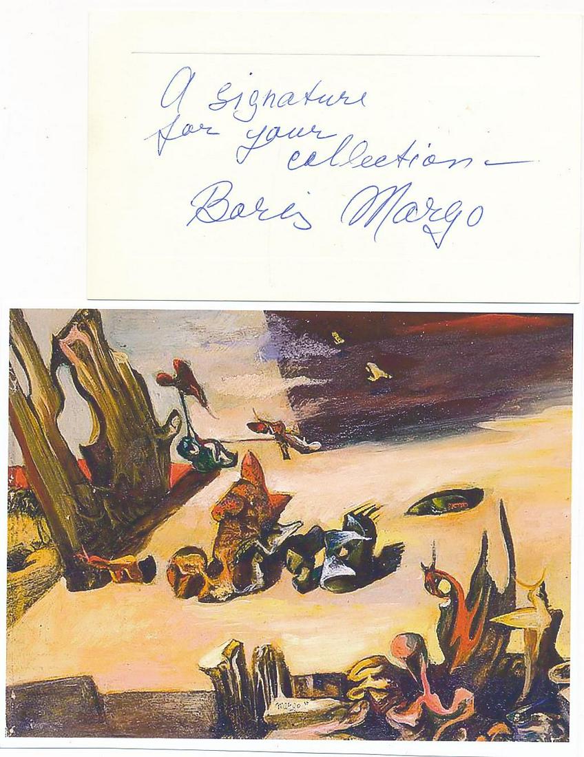 Boris Margo- 5.75 x 3.24 Signed Notecard (Surrealist Painter): Boris Margo- 5.75 x 3.24 Signed Notecard (Surrealist Painter). Notecard inscribed and signed in blue ballpoint ink by Boris Margo. Comes with a 7X5 color photograph of his art. Both are in very good c