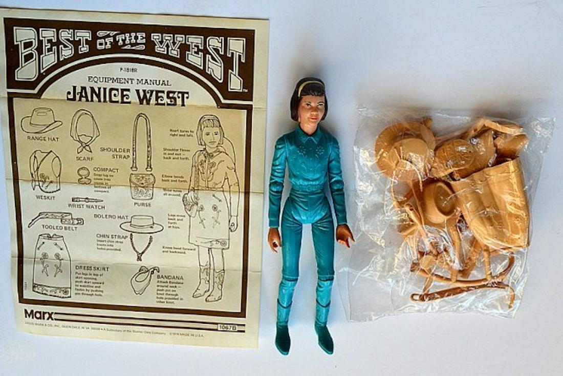 MARX "JANICE WEST" DOLL. BEST OF THE WEST: MARX "JANICE WEST" DOLL. BEST OF THE WESTCONTENTS: 13 PIECE CHANGEABLE WESTERN GEAR. ALL ITEMS ARE SEALED AND UNOPENED. FIGURE MEASURES AT 9" TALL.COMPLETE AND INTACT. BOX SHOWS SOME SHELF WEAR.
