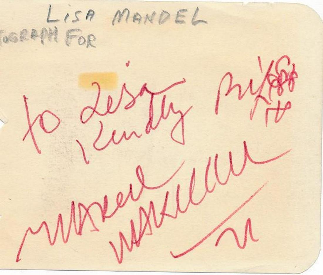 Marcel Marceau - 5 x 3.75 Signed Album Page w/COA: Marcel Marceau - 5 x 3.75 Signed Album Page w/COA. Album page signed in red felt tip ink by Marcel Marceau. Fraying along the left side of the page and along the edges, but otherwise in good condition