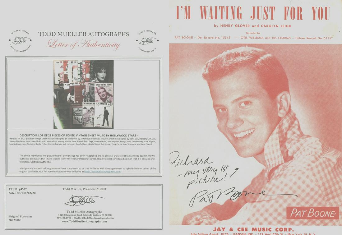 Pat Boone - Signed 9 x 12 Vintage Music Sheet w/COA: Pat Boone - Signed 9 x 12 Vintage Music Sheet w/COA. From an old collector. Great condition. Comes w/ COA